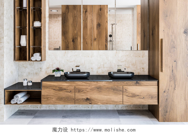 木制风格装修厕所白色和深色的木墙浴室内饰与瓷砖地板, 一个黑色的双水槽与一个长水平的镜子和货架上卷起毛巾。3d 渲染复制空间